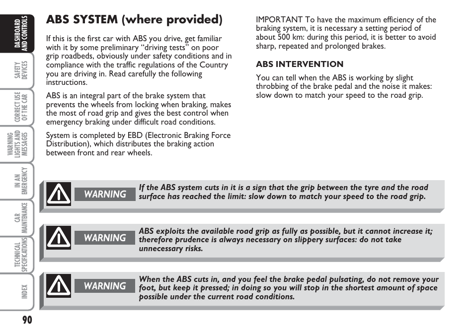 Abs system (where provided), Warning | FIAT Multipla User Manual | Page 91 / 266