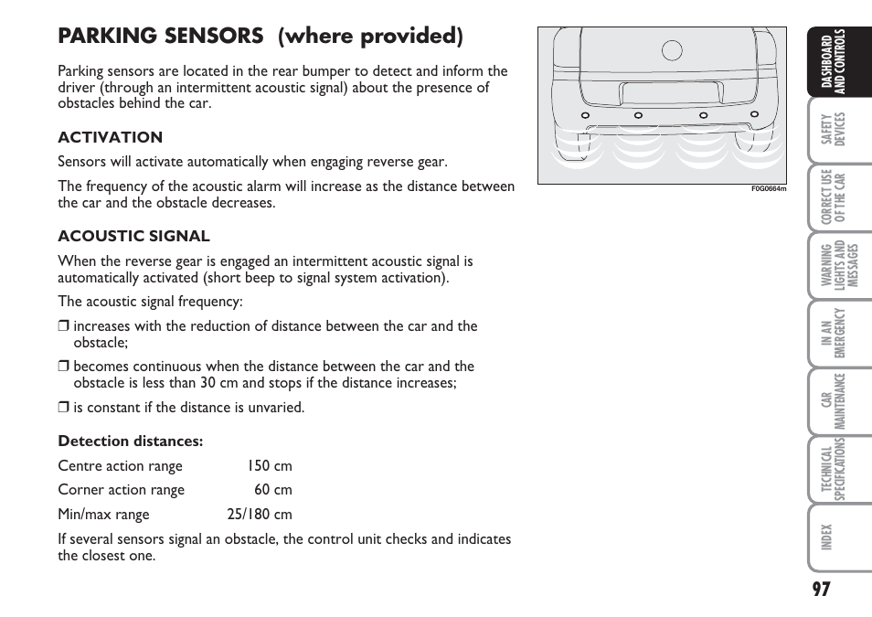 Parking sensors (where provided) | FIAT Multipla User Manual | Page 98 / 266