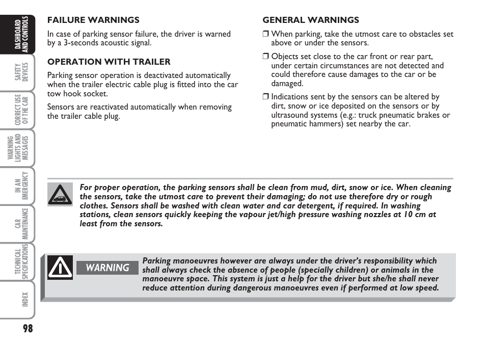 Warning | FIAT Multipla User Manual | Page 99 / 266