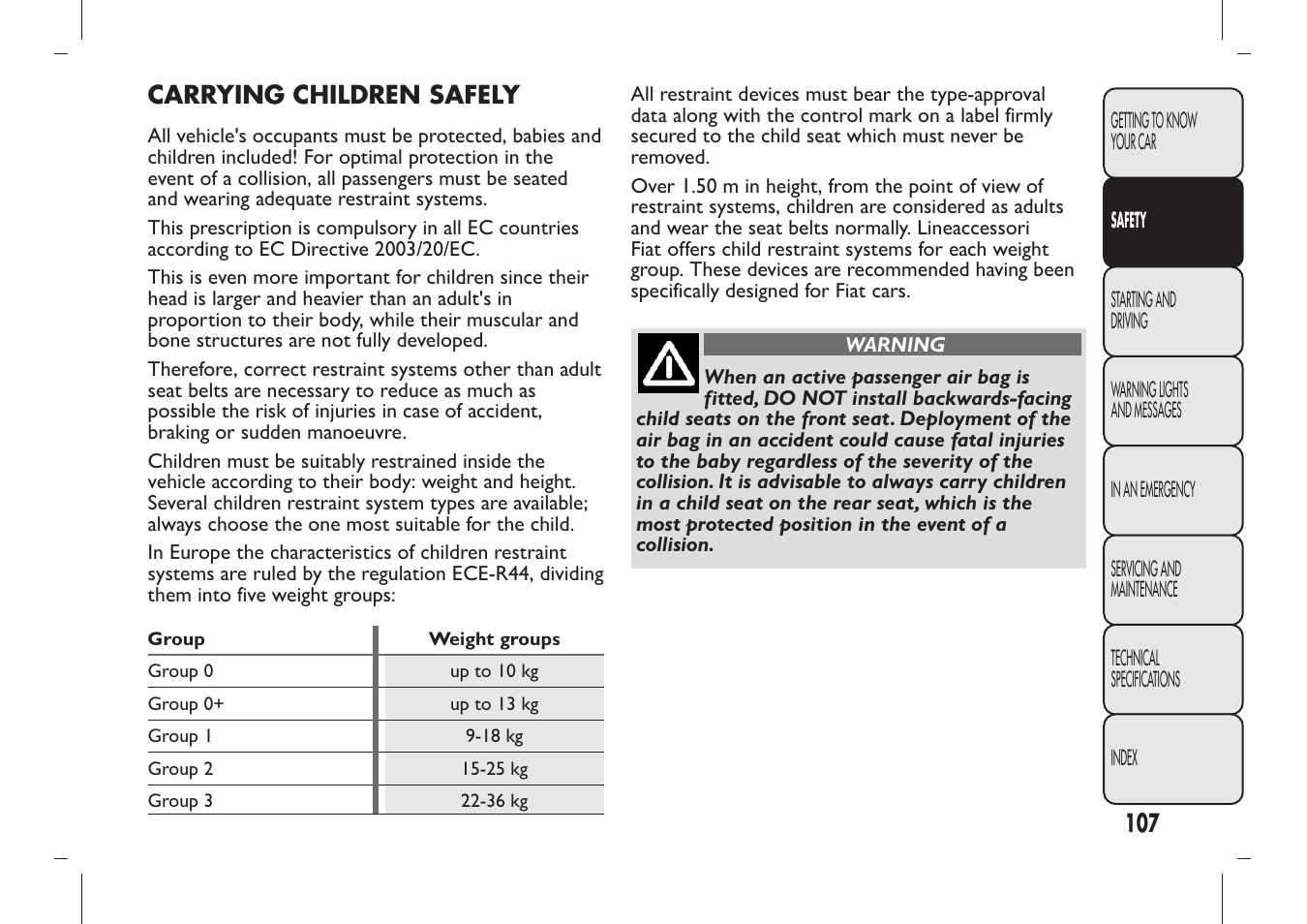 Carrying children safely | FIAT Panda User Manual | Page 111 / 284