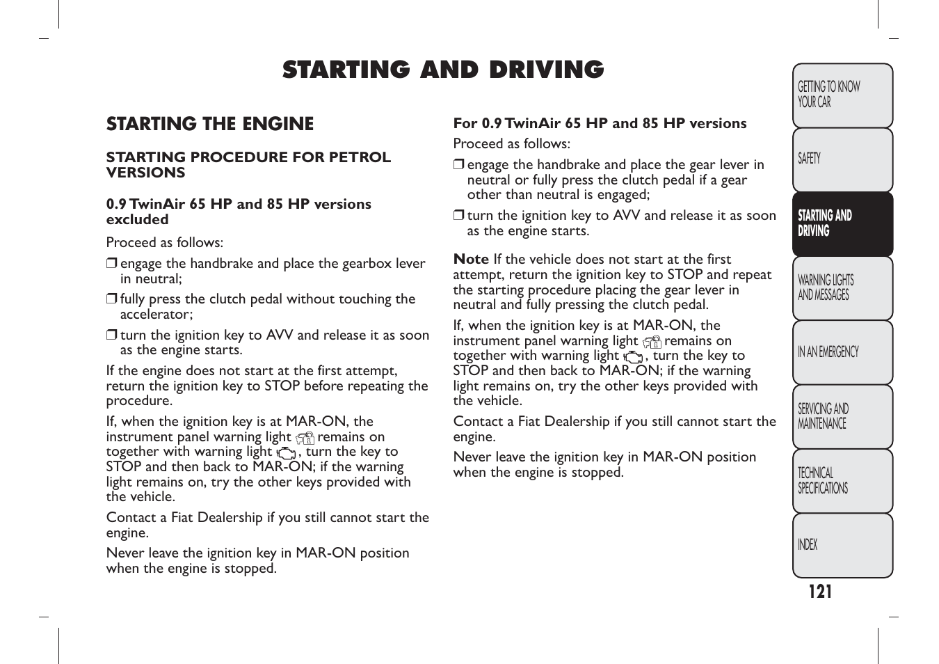 Starting and driving | FIAT Panda User Manual | Page 125 / 284