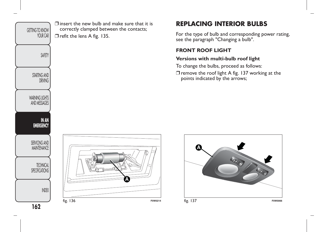 Replacing interior bulbs | FIAT Panda User Manual | Page 166 / 284