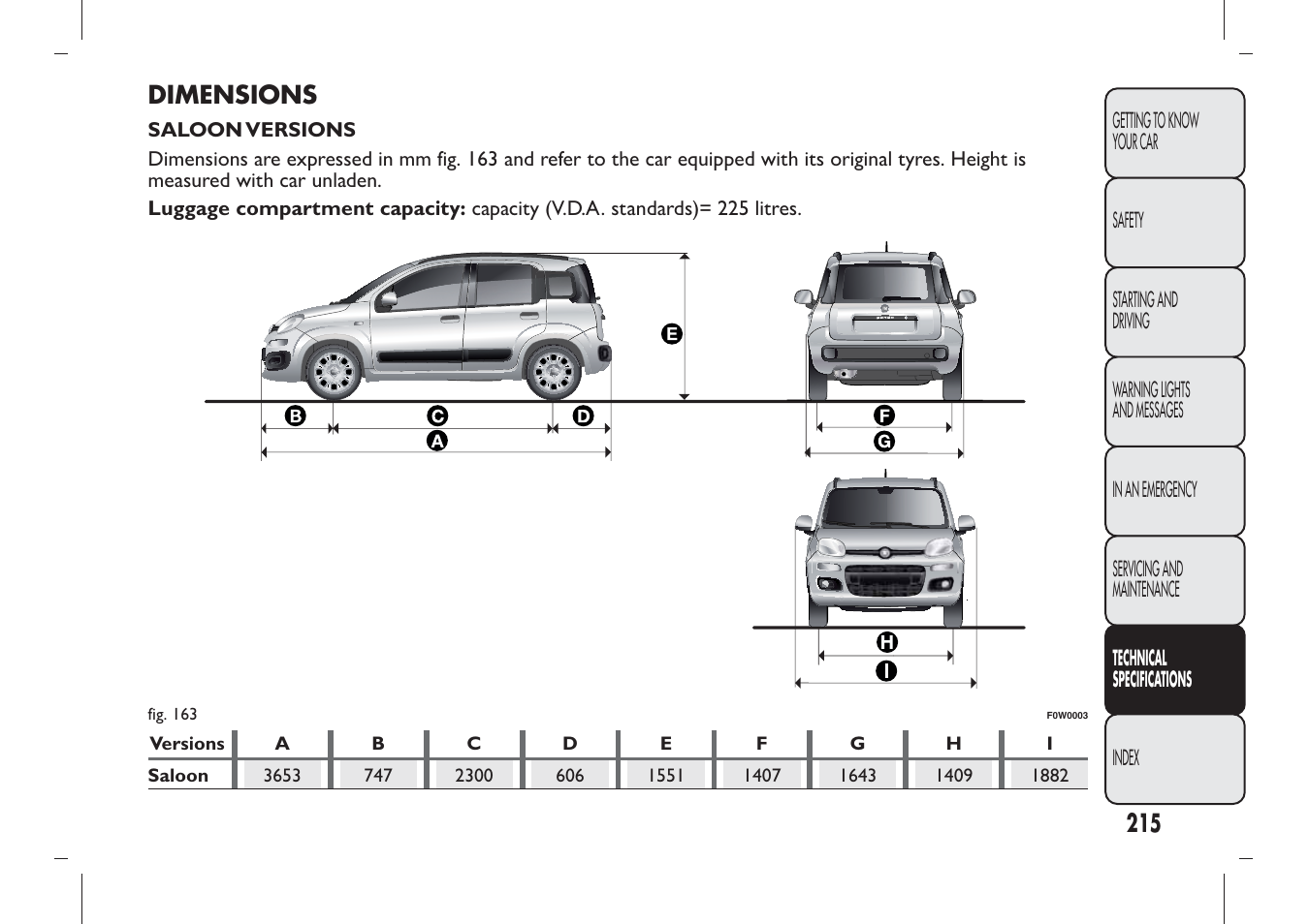 Dimensions | FIAT Panda User Manual | Page 219 / 284