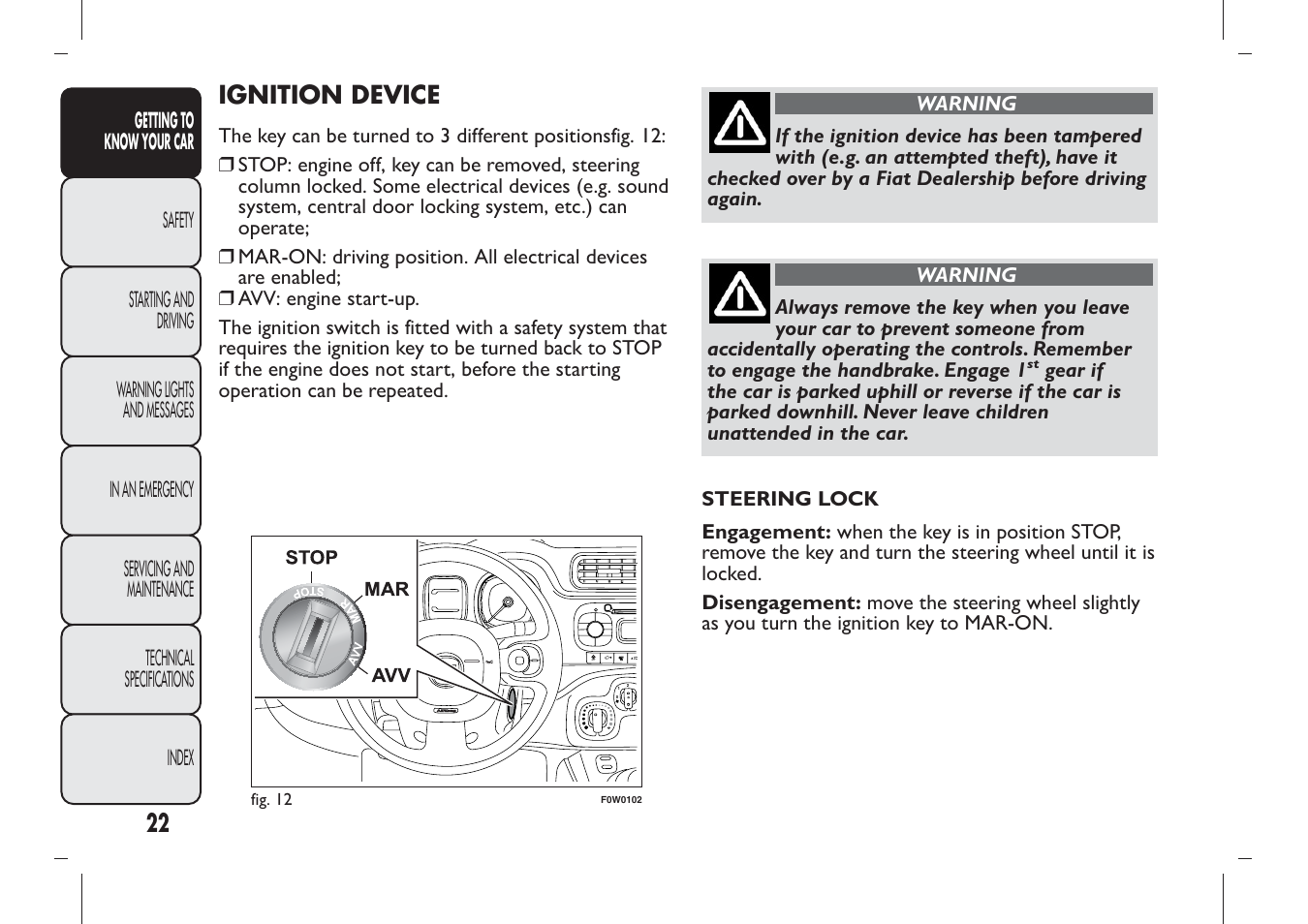 Ignition device | FIAT Panda User Manual | Page 26 / 284