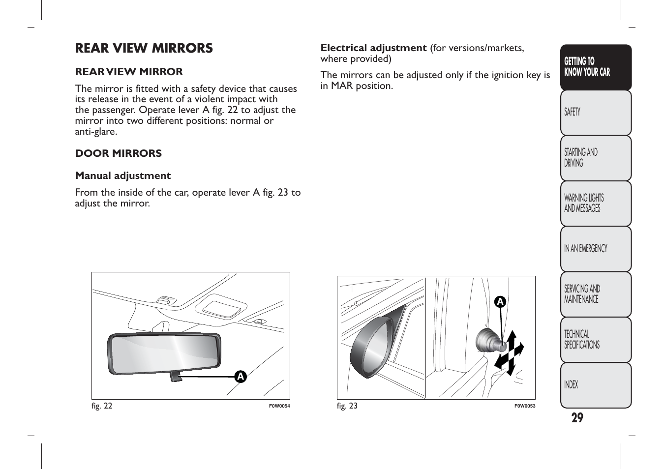 Rear view mirrors | FIAT Panda User Manual | Page 33 / 284