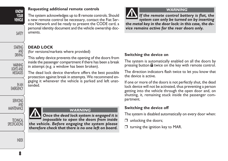 FIAT Nuovo Doblo' Panorama User Manual | Page 12 / 283