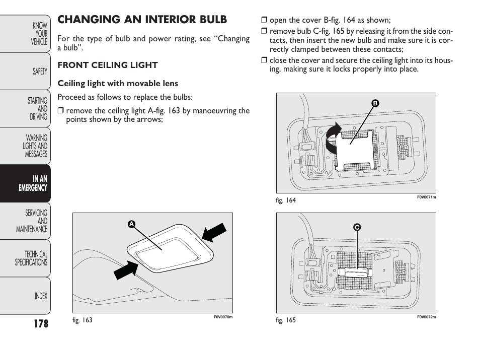 Changing an interior bulb | FIAT Nuovo Doblo' Panorama User Manual | Page 182 / 283