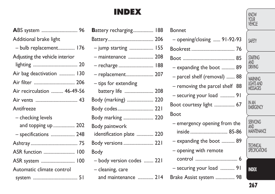 Index | FIAT Nuovo Doblo' Panorama User Manual | Page 271 / 283