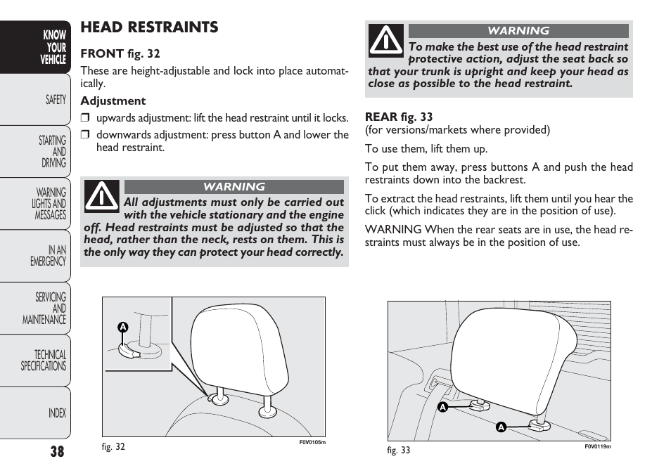 Head restraints | FIAT Nuovo Doblo' Panorama User Manual | Page 42 / 283