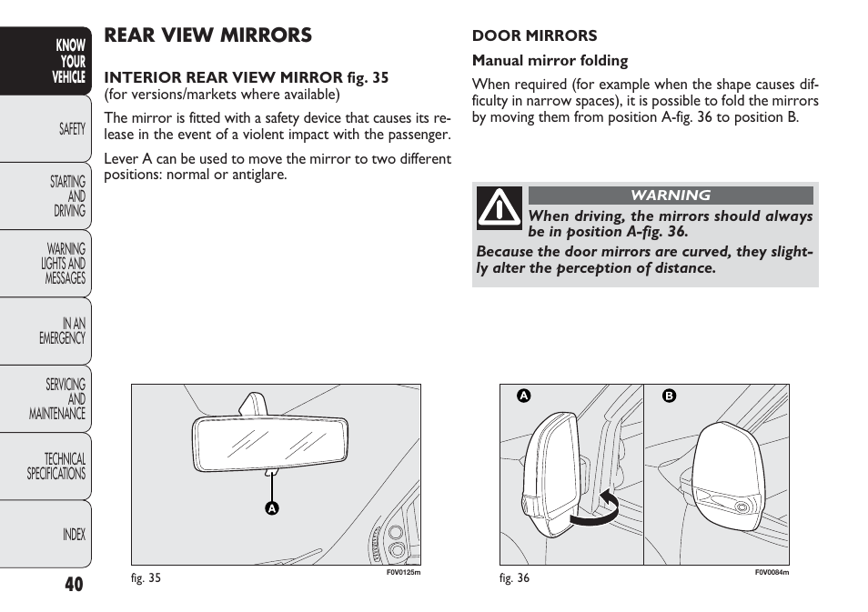 Rear view mirrors | FIAT Nuovo Doblo' Panorama User Manual | Page 44 / 283