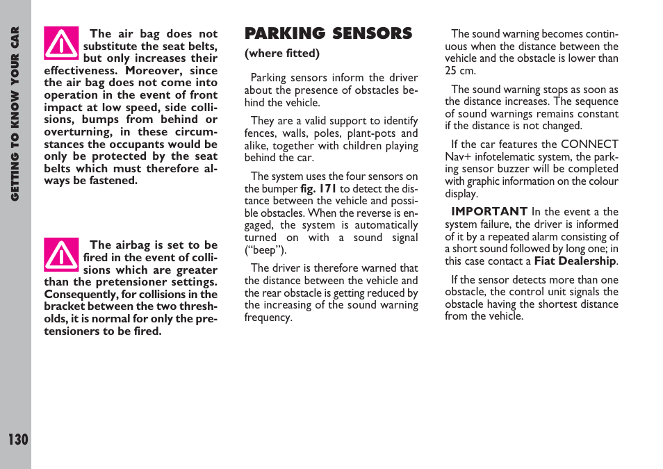 Parking sensors | FIAT Ulysse User Manual | Page 131 / 254