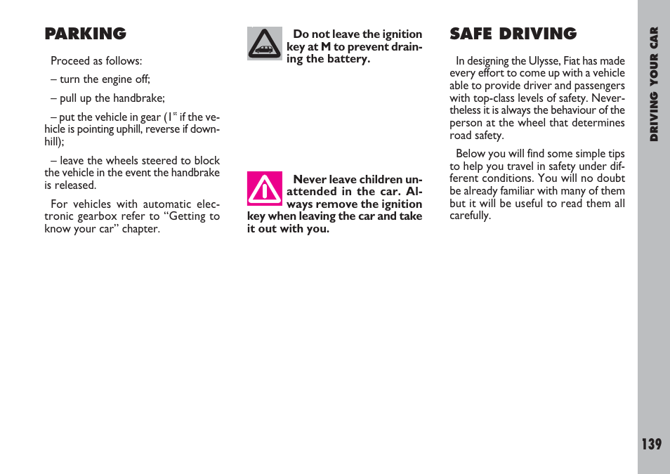 Parking, Safe driving | FIAT Ulysse User Manual | Page 140 / 254