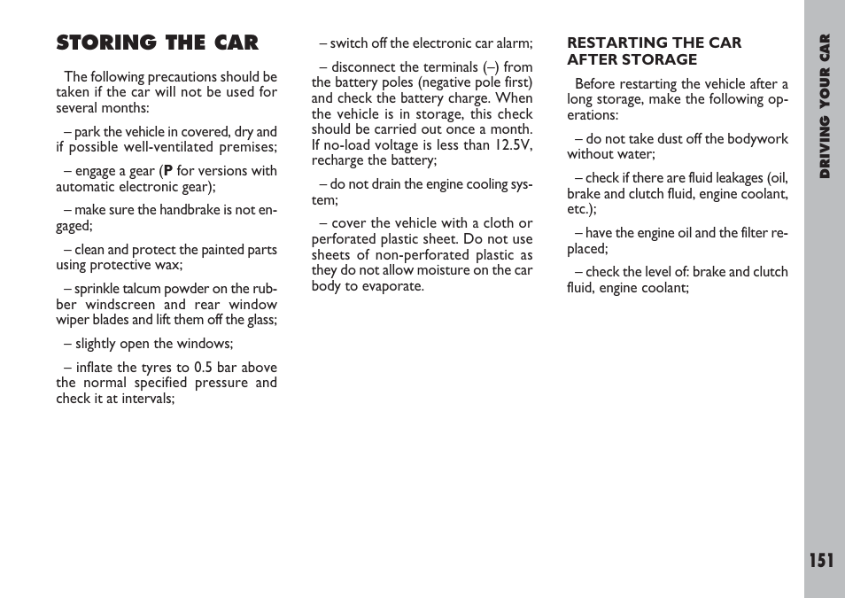 Storing the car | FIAT Ulysse User Manual | Page 152 / 254