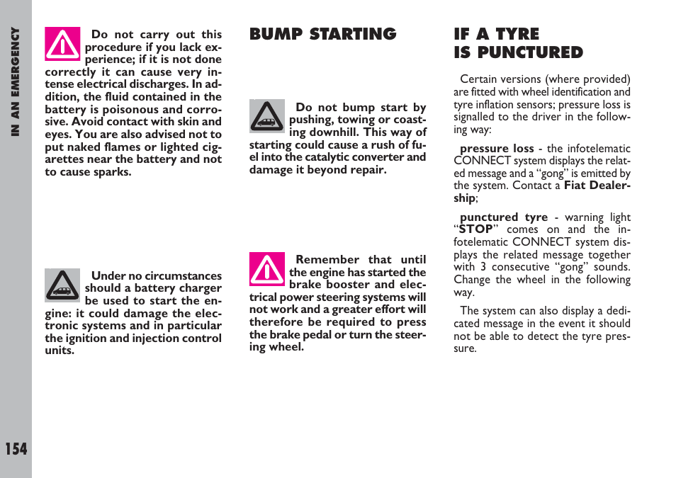 If a tyre is punctured, Bump starting | FIAT Ulysse User Manual | Page 155 / 254