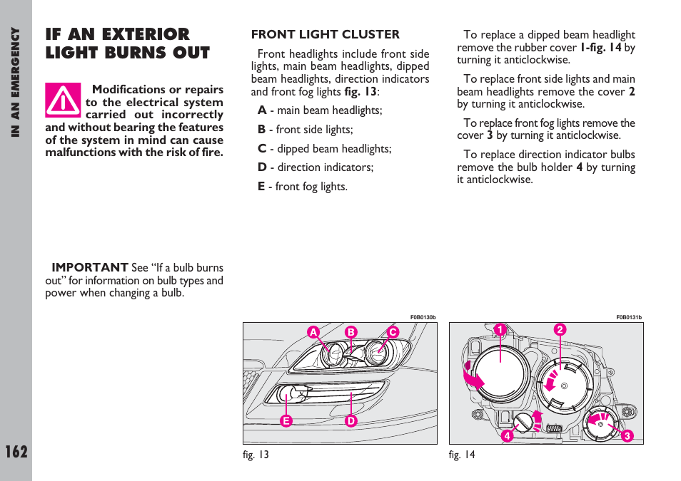 162 if an exterior light burns out | FIAT Ulysse User Manual | Page 163 / 254