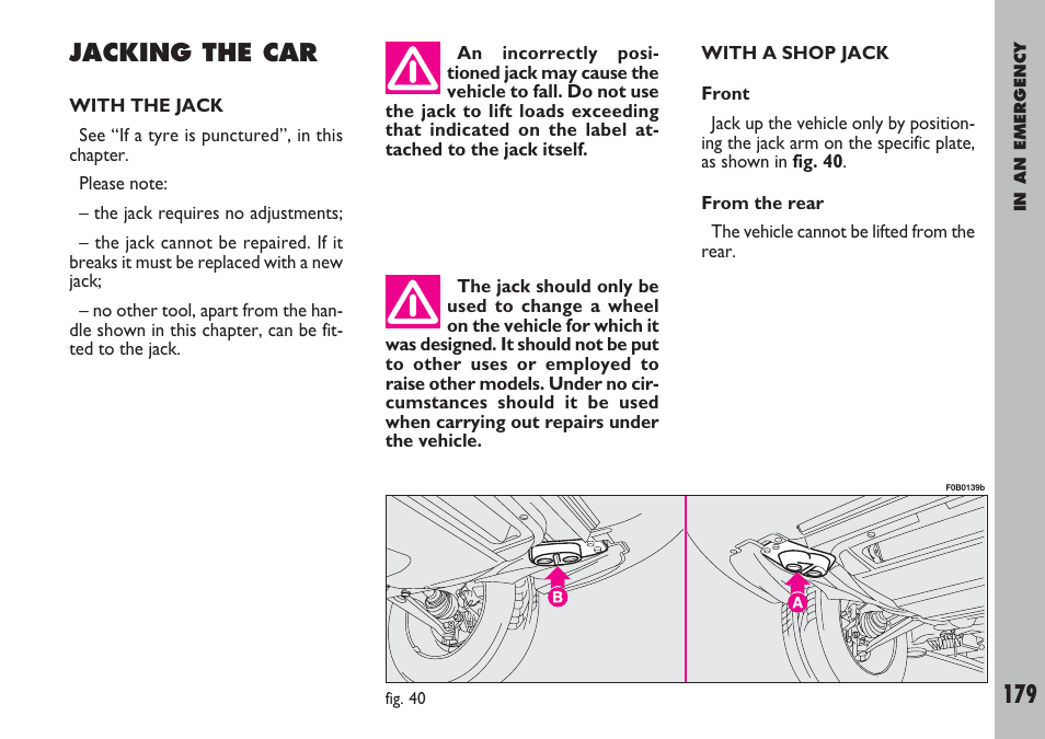 179 jacking the car | FIAT Ulysse User Manual | Page 180 / 254