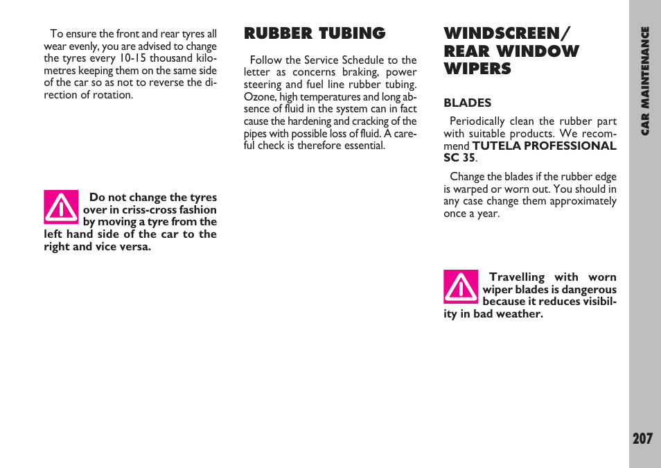 Rubber tubing, Windscreen/ rear window wipers | FIAT Ulysse User Manual | Page 208 / 254