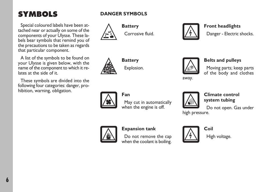 Symbols | FIAT Ulysse User Manual | Page 7 / 254