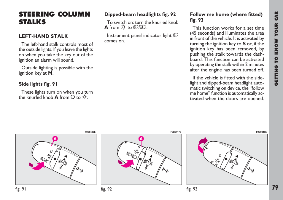 Steering column stalks | FIAT Ulysse User Manual | Page 80 / 254