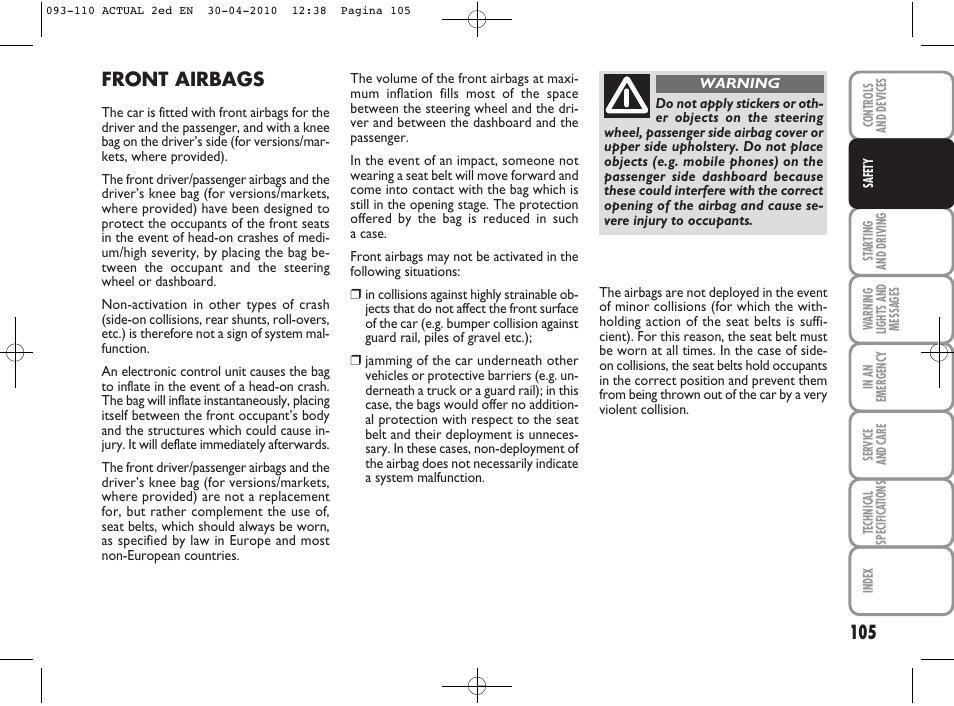 Front airbags | FIAT Grande Punto Actual User Manual | Page 106 / 216