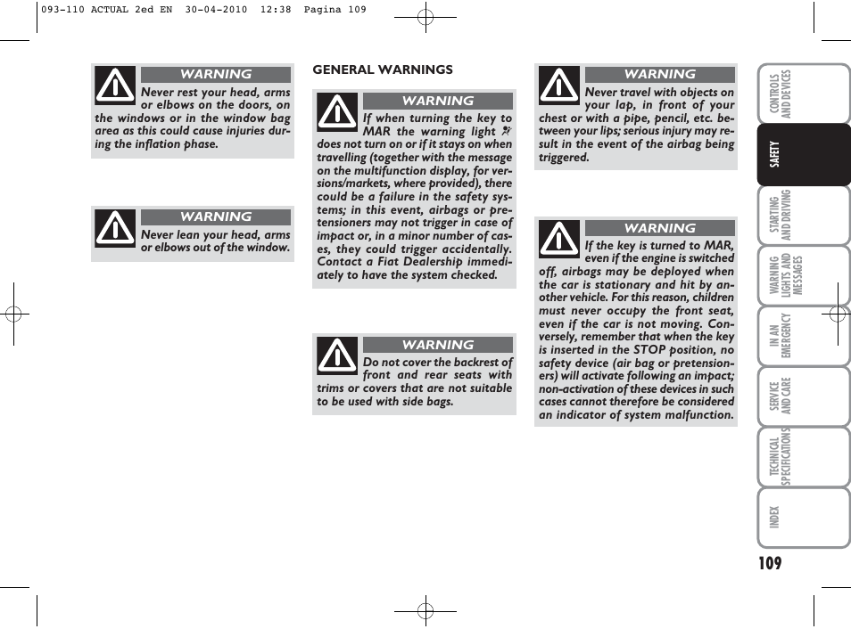 FIAT Grande Punto Actual User Manual | Page 110 / 216