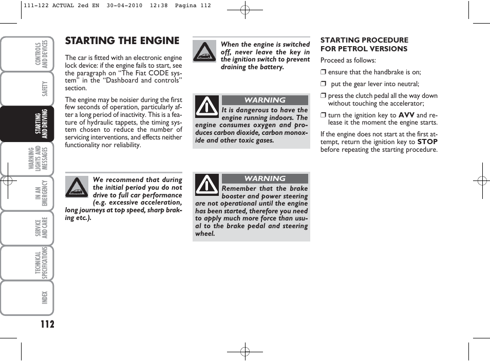 Starting the engine | FIAT Grande Punto Actual User Manual | Page 113 / 216