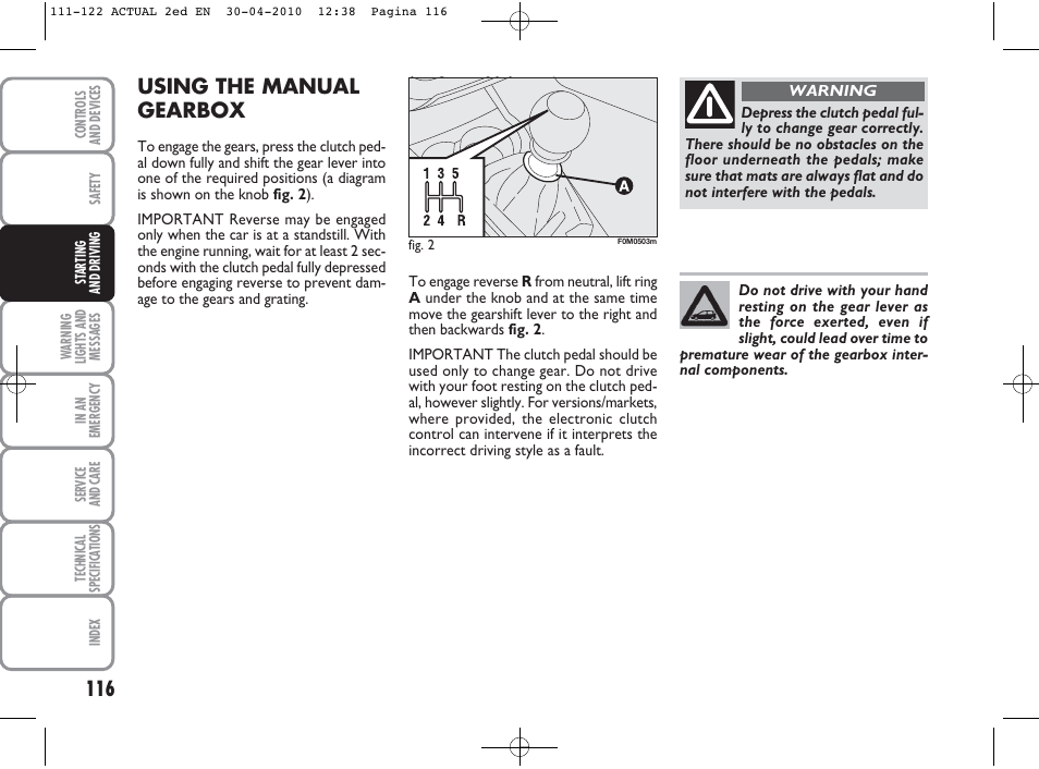 Using the manual gearbox | FIAT Grande Punto Actual User Manual | Page 117 / 216