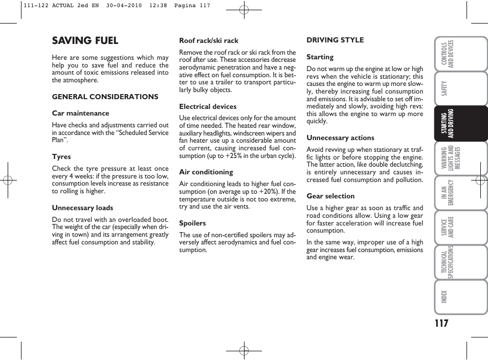 Saving fuel | FIAT Grande Punto Actual User Manual | Page 118 / 216