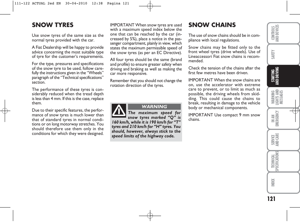 Snow chains, Snow tyres | FIAT Grande Punto Actual User Manual | Page 122 / 216