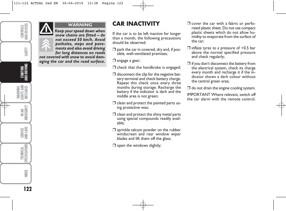 Car inactivity | FIAT Grande Punto Actual User Manual | Page 123 / 216