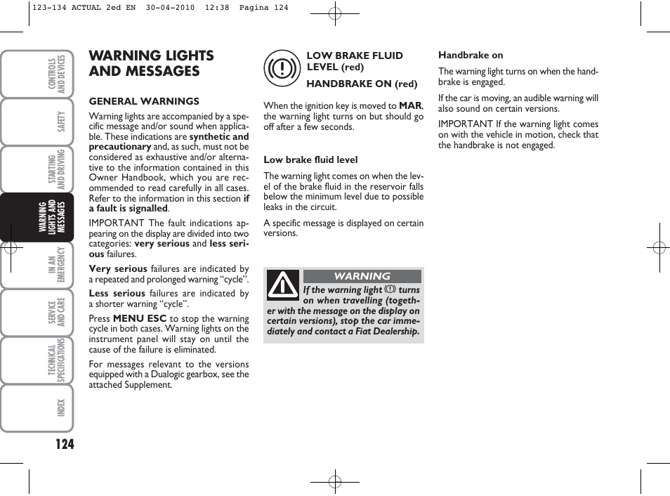 Warning lights and messages | FIAT Grande Punto Actual User Manual | Page 125 / 216