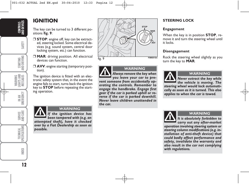 Ignition | FIAT Grande Punto Actual User Manual | Page 13 / 216