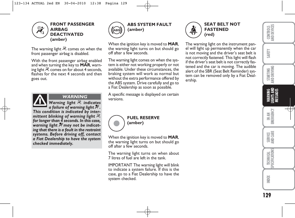 FIAT Grande Punto Actual User Manual | Page 130 / 216