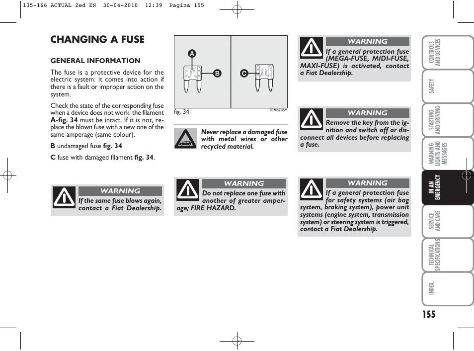 Changing a fuse | FIAT Grande Punto Actual User Manual | Page 156 / 216