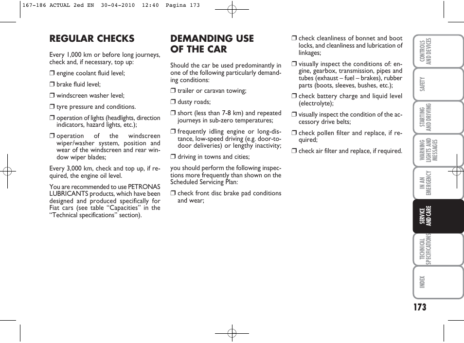 Demanding use of the car, Regular checks | FIAT Grande Punto Actual User Manual | Page 174 / 216