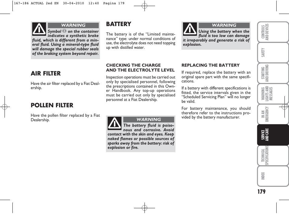 Air filter, Pollen filter, Battery | FIAT Grande Punto Actual User Manual | Page 180 / 216