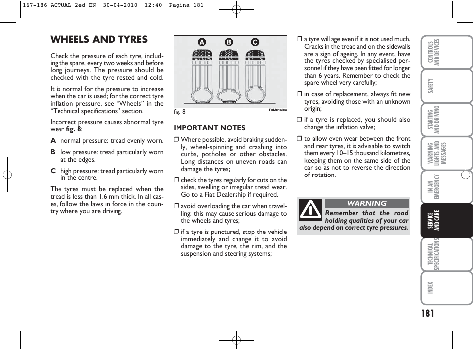 Wheels and tyres | FIAT Grande Punto Actual User Manual | Page 182 / 216