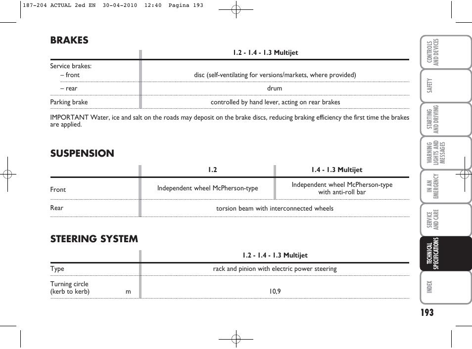 Brakes, Steering system, Suspension | FIAT Grande Punto Actual User Manual | Page 194 / 216