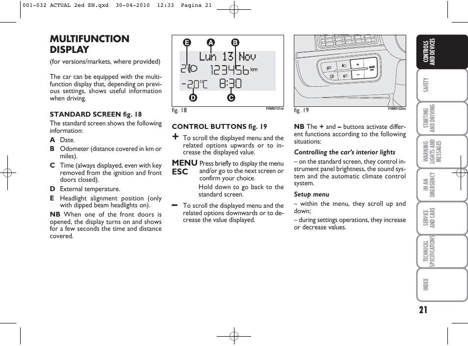 Multifunction display | FIAT Grande Punto Actual User Manual | Page 22 / 216