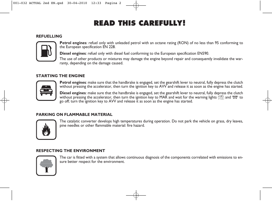 Read this carefully | FIAT Grande Punto Actual User Manual | Page 3 / 216