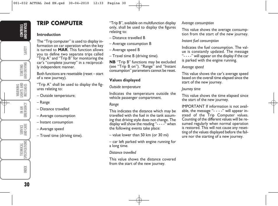 Trip computer | FIAT Grande Punto Actual User Manual | Page 31 / 216