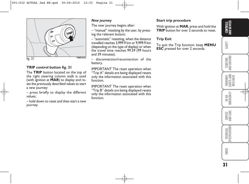 FIAT Grande Punto Actual User Manual | Page 32 / 216