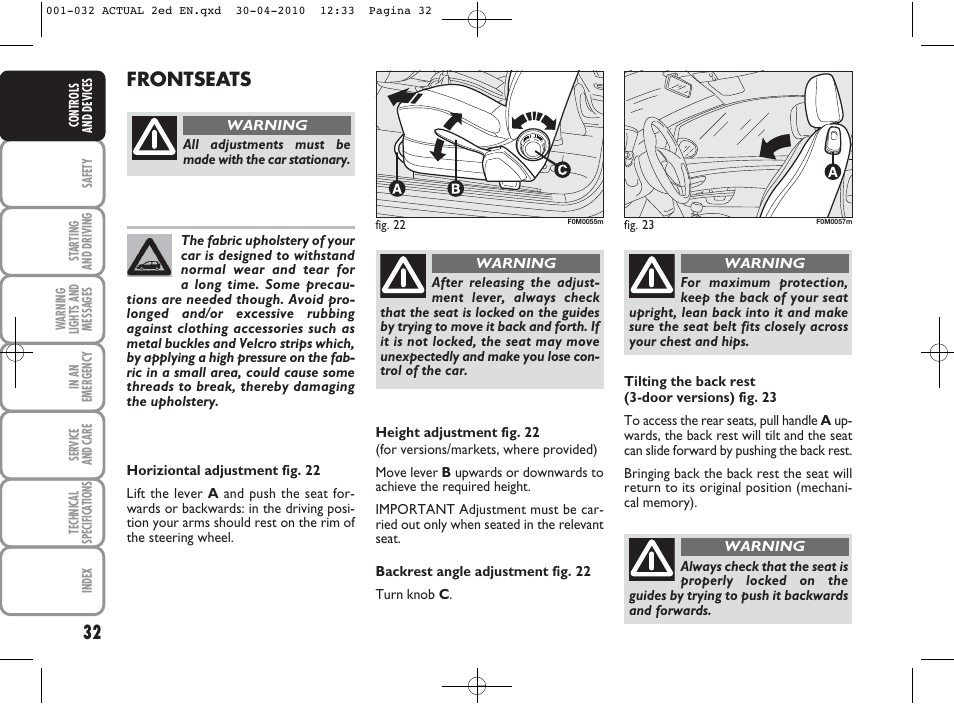 Frontseats | FIAT Grande Punto Actual User Manual | Page 33 / 216