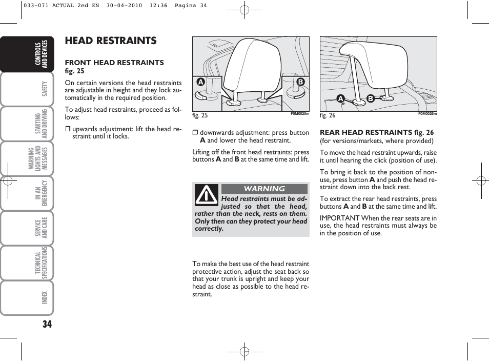 Head restraints | FIAT Grande Punto Actual User Manual | Page 35 / 216