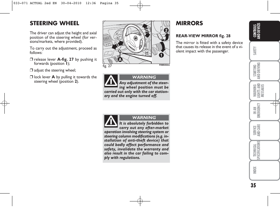 Mirrors, Steering wheel | FIAT Grande Punto Actual User Manual | Page 36 / 216