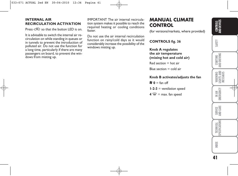 Manual climate control | FIAT Grande Punto Actual User Manual | Page 42 / 216