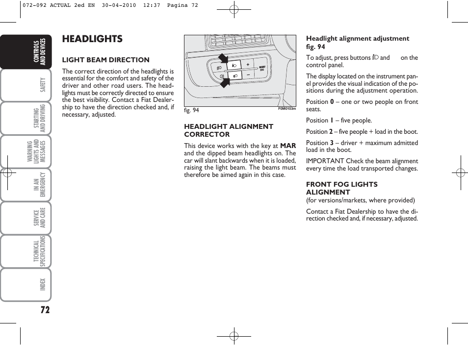 Headlights | FIAT Grande Punto Actual User Manual | Page 73 / 216