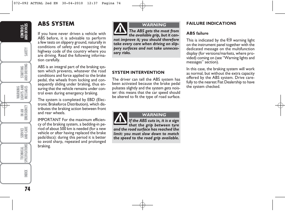 Abs system | FIAT Grande Punto Actual User Manual | Page 75 / 216