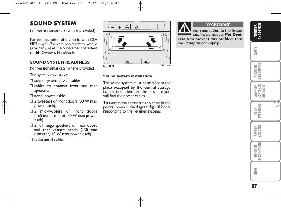 Sound system | FIAT Grande Punto Actual User Manual | Page 88 / 216