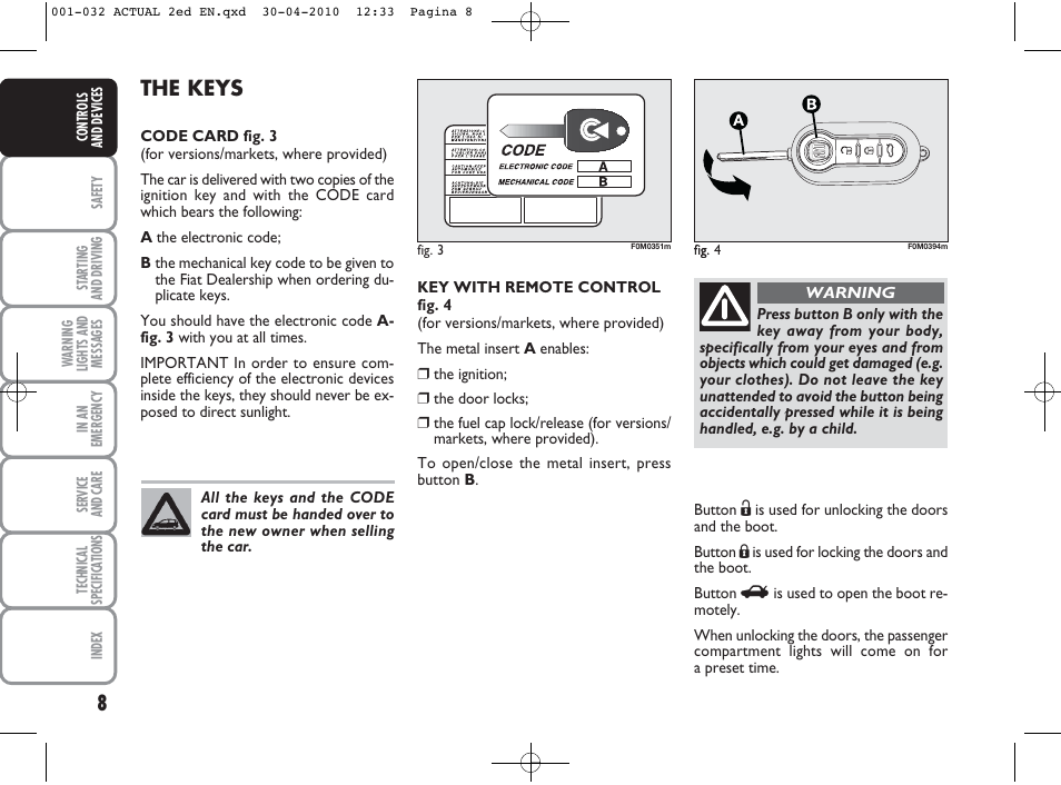 The keys | FIAT Grande Punto Actual User Manual | Page 9 / 216